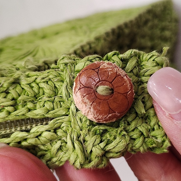 Fossil Straw Mini Satchel Bag Purse Green Double Handle Wood Zip Top - Picture 9 of 14